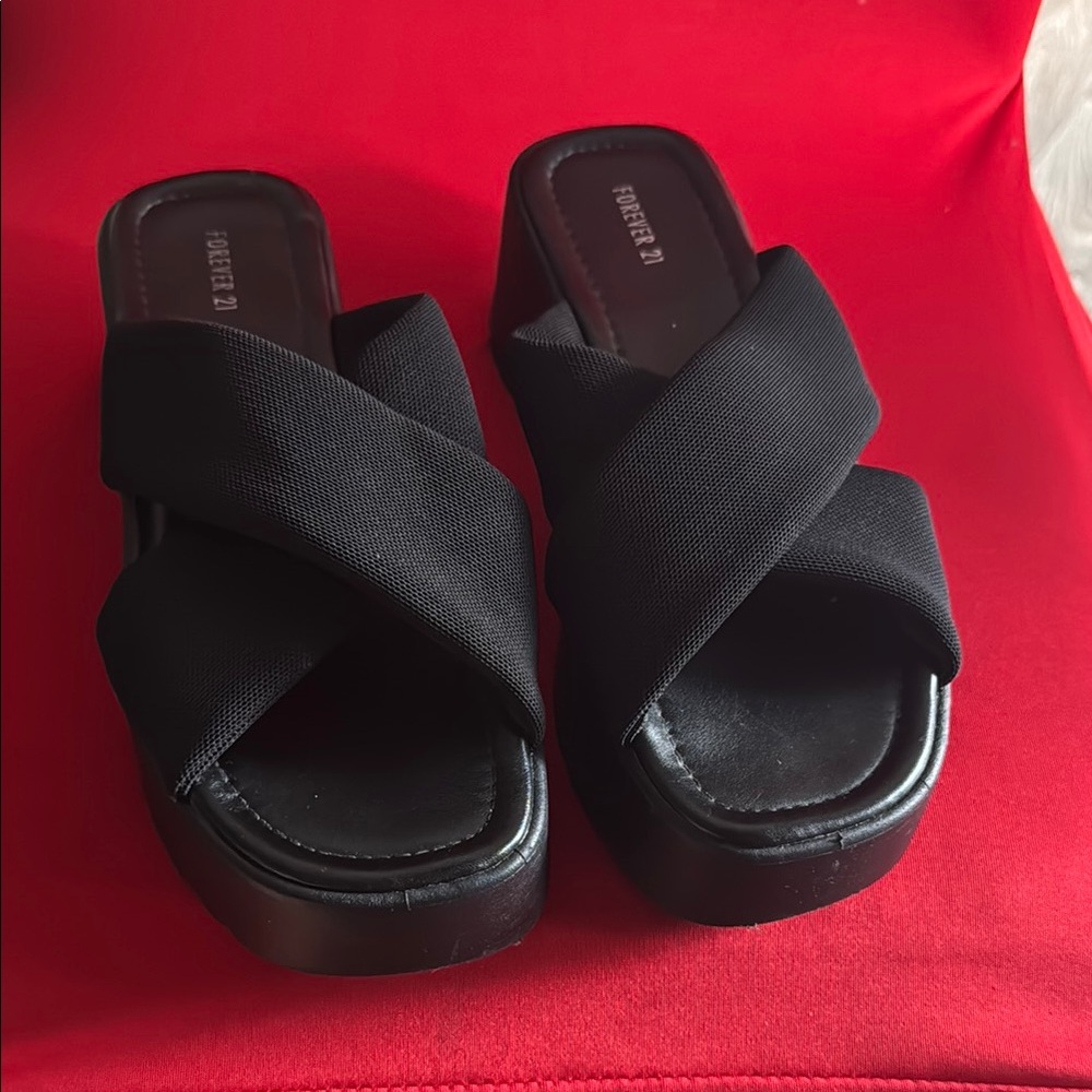 Forever 21 Black Cross-Strap Platform Mules